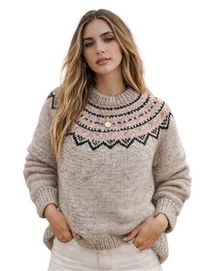 Hand Made Cozy Fair Isle Knit Sweater - Beige with Pink & Brown Accent